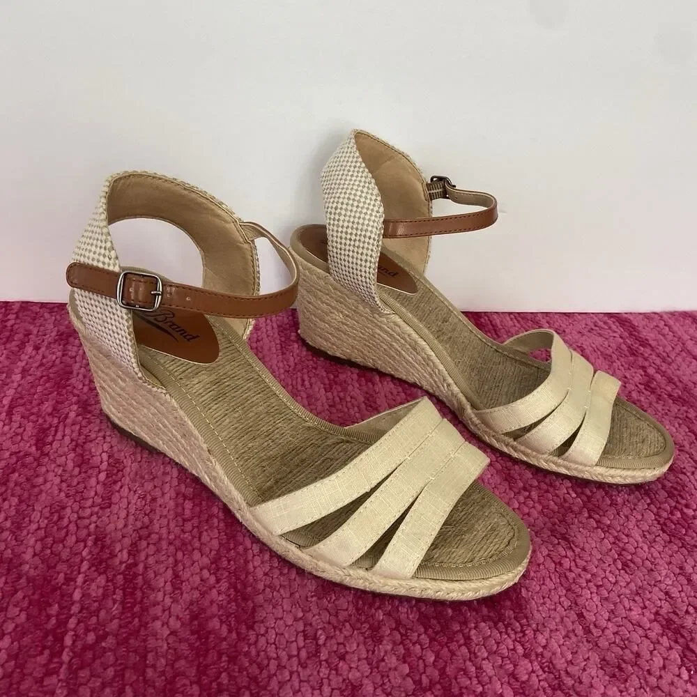 Lucky Brand Kylo Wedge Espadrille Sandals Linen Tan Size 8